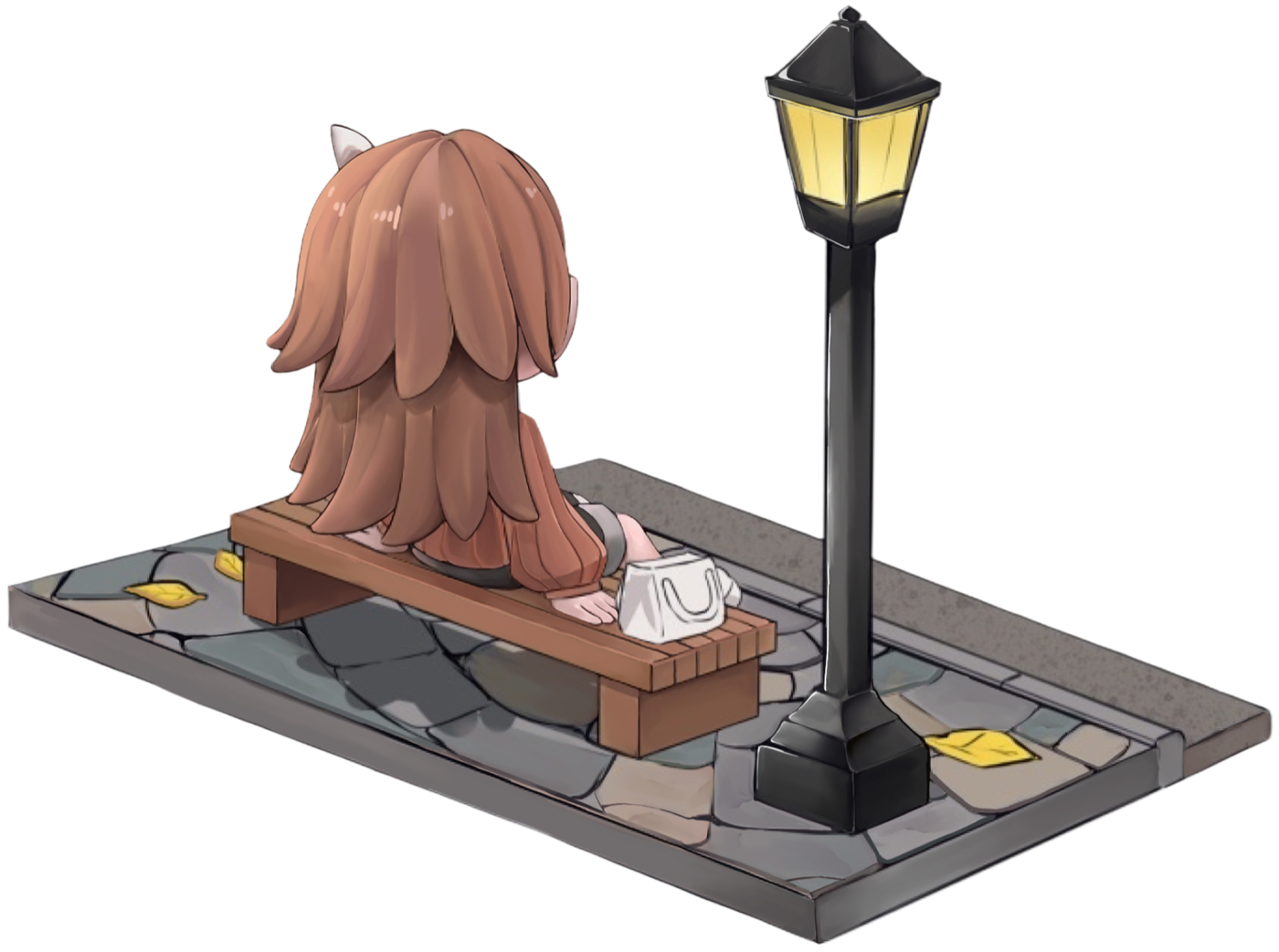 Faye sitting on a Benchie next to a park lamppost.
